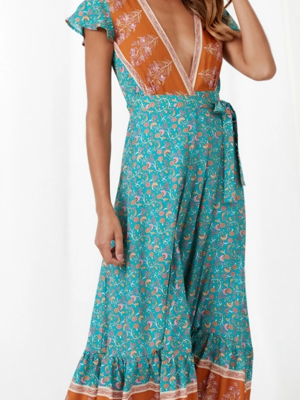 Bohemian Teal and Floral Midi Dress - Unbranded